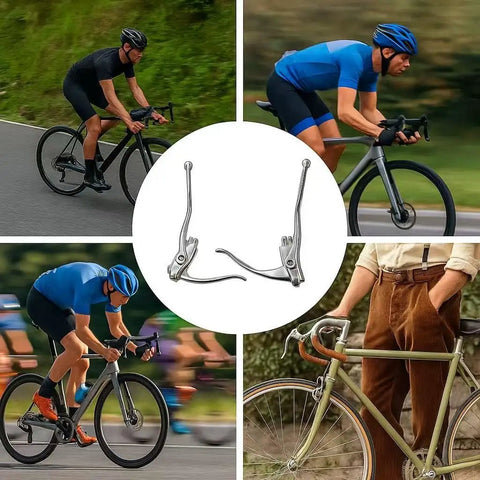 Collage of cyclists with Pair Universal 22 Point 2mm Aluminum Dual Safety Brake Levers for drop bar road bikes at center