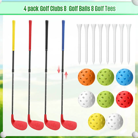 4 Pack Backyard Golf Club Set For Kids And Adults, Adjustable Plastic Practice Clubs With 8 Balls And 8 Tees displayed