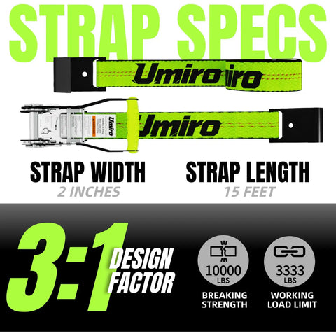 Top Shelf Ratchet Tie Down Straps With Flat Hooks 2 Inch By 15 Feet 10000 Pound Breaking Strength 4 Pack showing strap specs and design.