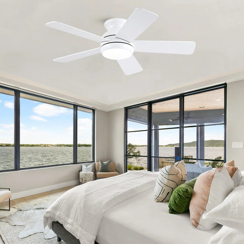 42 Inch White Ceiling Fan With LED Light Kit And Remote Low Profile Flush Mount Energy Efficient DC Motor Five Blades Quiet Operation Easy Install Perfect For Bedroom Living Room And Patio in modern bedroom.