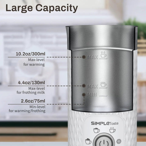4 In 1 Electric Milk Frother And Warmer For Lattes And Cappuccinos, Auto Warm And Cold Foam Maker measurement levels shown