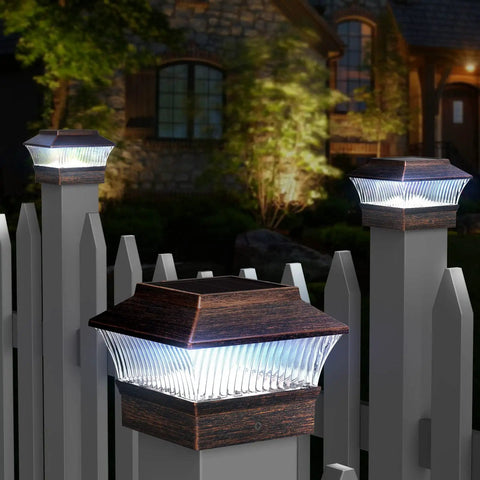 Outdoor Solar Post Lights Led Deck Fence Cap Lighting For 3.5x3.5 To 6x6 Wood Posts Bronze Finish 4 Pack Waterproof Garden Pathway Lamps