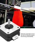 Nema 17 front-view stepper motor with alloy housing and exposed shaft; 4-wire, 12V 0.7A, shown beside an orange 3D-printed part