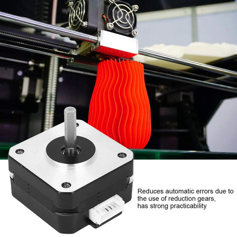 Nema 17 front-view stepper motor with alloy housing and exposed shaft; 4-wire, 12V 0.7A, shown beside an orange 3D-printed part
