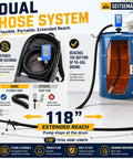 Workhorse Electric Drum Pump With Auto Shutoff Sensor And Dripless Nozzle For Def Diesel Kerosene Antifreeze Zero Sweat Bulk Fluid Transfer Rig With Extended Line and Universal Slip Fittings shown in dual hose system for 55-gal drums.