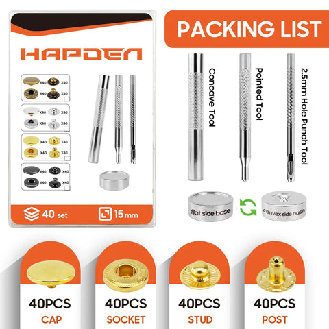 Solid Gold Metal Snap Fasteners Bundle Packs Forty Heavy Duty Button Sets And No Fuss Setting Gear For Durable Denim Repairs Leather Wraps Tote Bags And Homemade Craft Projects, featuring tools and components.