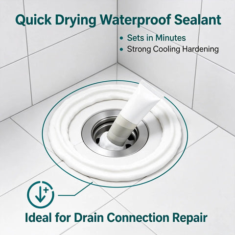 Top Drawer Heavy Duty Wall Putty And Plumber Sealant delivers tough waterproof sealing around drain for quick repairs.
