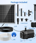 Package contents of 25W Solar Fountain Pump With 4 Nozzles, Up To 160 GPH Flow, Plug And Play Adjustable Output, 6.6ft Tubing.