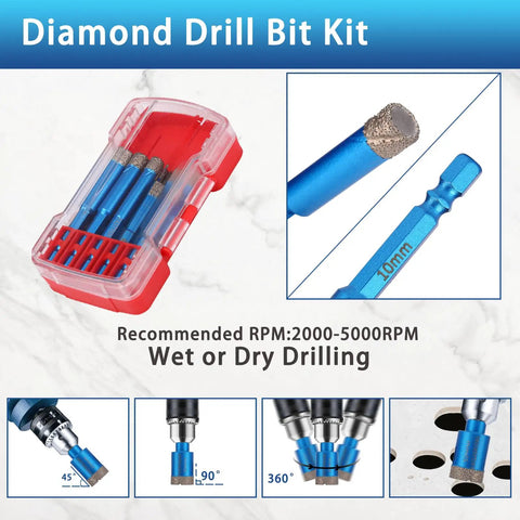 Diamond Drill Bit Set 5 Piece Pro Grade For Tile Glass Ceramic Porcelain Marble Granite Quartz With 1/4 Inch Hex Shank