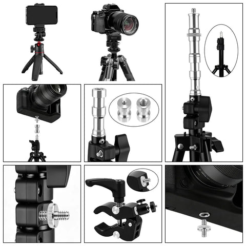 Camera Tripod Mount Kit 30 Piece Set With One Quarter Inch And Three Eighths Inch Adapters Includes Mini Ball Head Cold Shoe Mount Phone Holder Clamp Double End Screws And Other Mounting Gear For Photo And Video on tripod