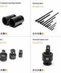 All-In-One Pro Grade 209 Piece SAE And Metric Master Impact Socket Set showing 6 point sockets, extension bars, adapters, universal joint