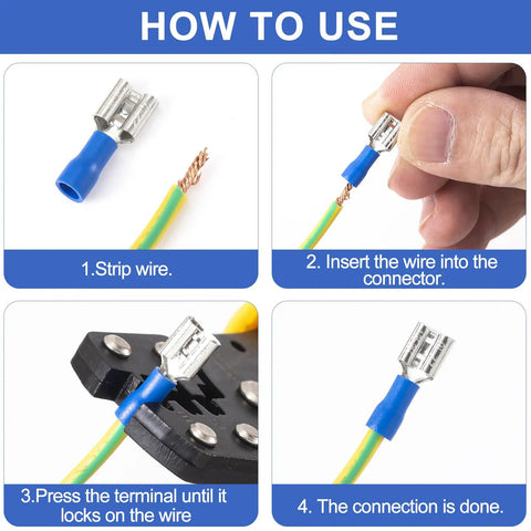 How to use guide for Blue Twenty Pack One Quarter Inch Female Spade Connectors Kit for 22-16 AWG Wire, showing wiring steps.