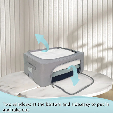 Gray storage bin with clear front and top windows, part of Three Pack Grab And Go Clothes Storage Bins Set With Stackable Foldable Organizer Boxes Sturdy Metal Frame Clear Window Zipper And Label Holder Odorless Eco Oxford Cloth 22L Each Gray.