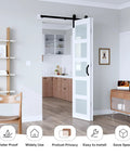 42X84 Double Bifold Sliding Barn Door With Heavy Duty Hardware Kit Solid Mdf Build And Waterproof Pvc Trim showing sleek frosted glass panels in modern interior.
