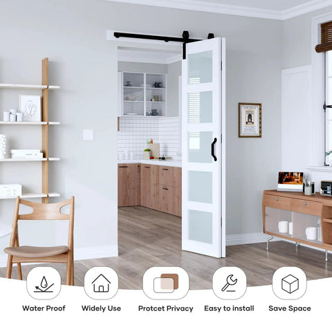 42X84 Double Bifold Sliding Barn Door With Heavy Duty Hardware Kit Solid Mdf Build And Waterproof Pvc Trim showing sleek frosted glass panels in modern interior.