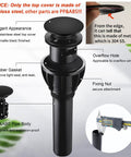 Diagram of Matte Black Pop Up Drain Stopper With Overflow For Bathroom Sink showing assembly parts and measurements
