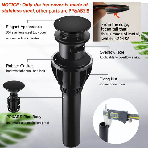 Diagram of Matte Black Pop Up Drain Stopper With Overflow For Bathroom Sink showing assembly parts and measurements