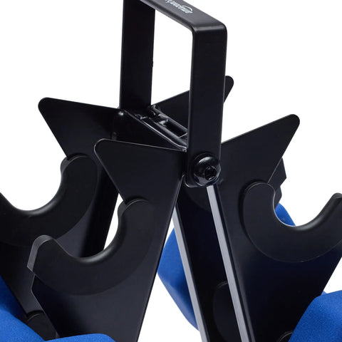 Close-up of rack for Hex Neoprene Dumbbell Set With Rack 3 Pairs 5 10 And 15 Lb Neoprene Coated Hand Weights Great For Home Gym Strength Training