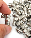 Solid 60 Piece Metric Grease Fitting Kit With Nine Types Of Galvanized Metal Hydraulic Zerk Assortment Set For M6 M8 M10 Sizes Featuring Rock Spring Check Valve Built In Anti Leakage One Way Design Perfect For Heavy Duty Auto Repair Shop Jobs And Keeping. M6 galvanized metal 90-degree grease zerk fitting held by hand
