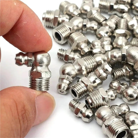 Solid 60 Piece Metric Grease Fitting Kit With Nine Types Of Galvanized Metal Hydraulic Zerk Assortment Set For M6 M8 M10 Sizes Featuring Rock Spring Check Valve Built In Anti Leakage One Way Design Perfect For Heavy Duty Auto Repair Shop Jobs And Keeping. M6 galvanized metal 90-degree grease zerk fitting held by hand