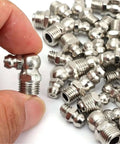 Grab This Awesome 60 Piece Metric Grease Fitting Kit With Nine Types Of Galvanized Zerk Nipples For Hydraulic Stuff Featuring M6 M8 And M10 Sizes Plus One Way Spring Sealing Mechanism For Super Smooth Lube Flow Every Time Without Any Leaks On Your Ride. galvanized metal grease fitting held by hand with assorted zerk nipples