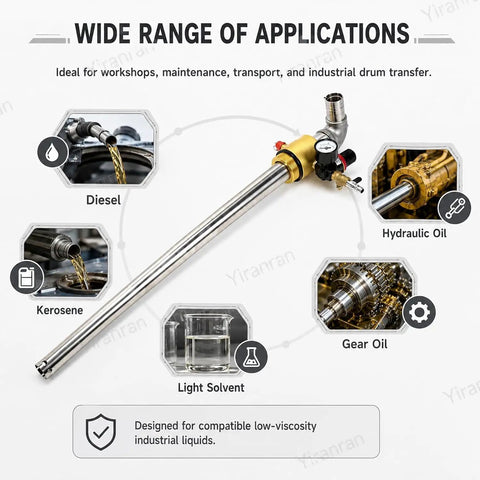 Pneumatic Drum Pump For Quick Oil Transfer Stainless Steel 304 Construction With High Flow 130 Liters Per Minute Pressure Gauge And Safety Valve SUS304 Tubing Air Operated Drum Transfer Pump For Easy Drums showing diesel, kerosene, oil use