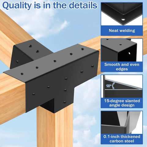 Heavy Duty Pergola Bracket Kit With 15 Degree Slanted Roof Wall Mount, 4 Way Post Base For 4 By 4 Beams, Rust Resistant Carbon Steel, Easy Install For Gazebos, Patio Pergolas, And Log Cabins