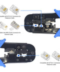 All In One Network And Telephone Crimp Tool For RJ45 RJ11 RJ12 RJ22 Cables, cuts, strips, and crimps shown with compatible modular plugs.