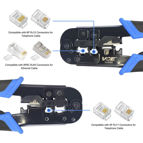 All In One Network And Telephone Crimp Tool For RJ45 RJ11 RJ12 RJ22 Cables, cuts, strips, and crimps shown with compatible modular plugs.