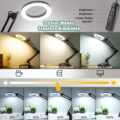 10X Magnifying Glass With Light And Stand For Close Work showing stepless dimmable LED with three color modes and brightness levels