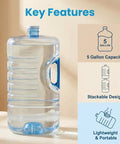 Stackable Five Gallon Water Jug With Easy Carry Handle For Space Saving Storage Lightweight Durable Container For Camping Emergency Prep And Daily Hydration Go To Hydration Solution, showing key features like 5 gallon capacity, stackable design, and portability.