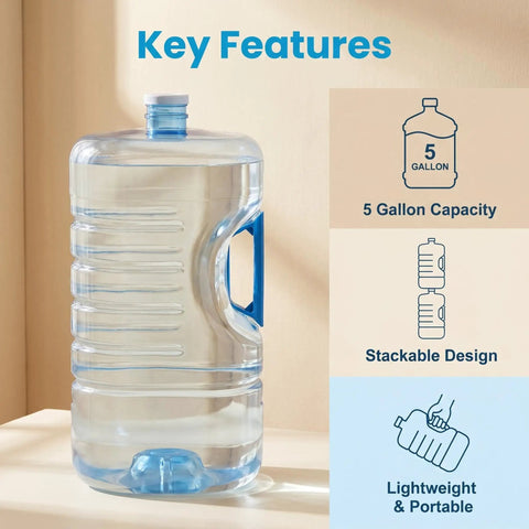 Stackable Five Gallon Water Jug With Easy Carry Handle For Space Saving Storage Lightweight Durable Container For Camping Emergency Prep And Daily Hydration Go To Hydration Solution, showing key features like 5 gallon capacity, stackable design, and portability.