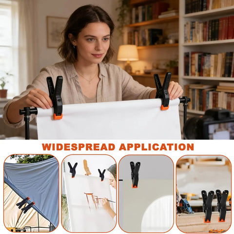 Woman using Eight Pack Spring Clamps For Backdrops And Studio Setups, Heavy Duty Plastic Clips 2.7 Inch Background Clamps For Photography.