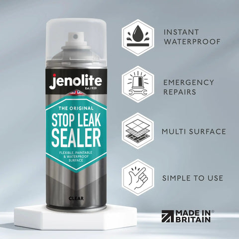Stop Leak Sealer Spray Instant Waterproof Sealant 400ml can for gutters, flat roofs, downpipes with weather-resistant seal.