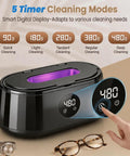 Blast Daily Grime With This Legit Ultrasonic Jewelry Cleaner Using Fifty KHz Waves For Nitty Gritty Cleaning On Rings Eyewear Retainers And Straps Alongside A 420 Ml Tank And Sleek Black Design with digital timer display.