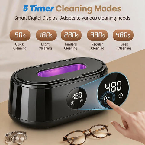 Blast Daily Grime With This Legit Ultrasonic Jewelry Cleaner Using Fifty KHz Waves For Nitty Gritty Cleaning On Rings Eyewear Retainers And Straps Alongside A 420 Ml Tank And Sleek Black Design with digital timer display.