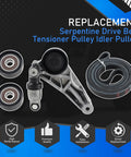 Jeep Wrangler Beefed Up Serpentine Drive Belt Tensioner Pulley Idler Kit For Three Point Six Liter V6 Engines Compatible With 2012 2017 JK And 2018 Wrangler Replaces 4627038AA KIT image showing kit components