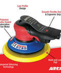 Six Inch Lubrication Free Palm Sander With Eleven Thousand RPM Three Thirty Second Inch Orbit Low Vibration Antivibration Motor Pro Grade Tuned Exhaust Silencer For Quiet Finishing Air Powered Pneumatic Tool For Smooth Precise Finishes showing ergonomic grip and advanced silencing.