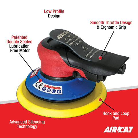 Six Inch Lubrication Free Palm Sander With Eleven Thousand RPM Three Thirty Second Inch Orbit Low Vibration Antivibration Motor Pro Grade Tuned Exhaust Silencer For Quiet Finishing Air Powered Pneumatic Tool For Smooth Precise Finishes showing ergonomic grip and advanced silencing.