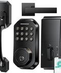 Slick Matte Black Smart Door Lock Featuring Super Quick Keyless Entry And Tight Bluetooth Handle That Pairs Directly With Your Phone App Control For Hassle Free Access showing keypad and Bluetooth handle