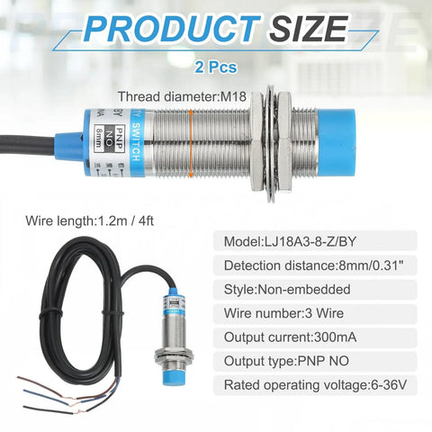 Two Pack Inductive Proximity Sensor M18 PNP NO DC 6 36V 300mA 8mm Sensing Distance 3 Wire specifications