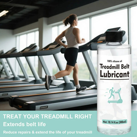 Woman running on treadmill beside Smooth Sailing Treadmill Belt Lubricant Kit 600ml Bottle with 7.8 Inch Reach Tube and 10 Ml Syringe