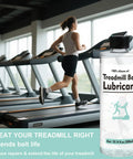 Woman running on treadmill with Treadmill Belt Lubricant 300ml 100 Percent Silicone Oil in foreground