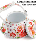 Enamel Steel Tea Kettle Stovetop 2.6 Quart Large Porcelain Enameled Teakettle 2.5L Colorful Floral Design With Ceramic Cool Handle No Whistle Retro Kitchen Decor For Hot Water.