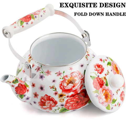 Enamel Steel Tea Kettle Stovetop 2.6 Quart Large Porcelain Enameled Teakettle 2.5L Colorful Floral Design With Ceramic Cool Handle No Whistle Retro Kitchen Decor For Hot Water.