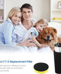 4 Pack F112 Vacuum Filter Replacement With 2 Foam Filters For Dirt Devil Upright Vacuums next to family with dog on sofa