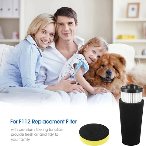 4 Pack F112 Vacuum Filter Replacement With 2 Foam Filters For Dirt Devil Upright Vacuums next to family with dog on sofa
