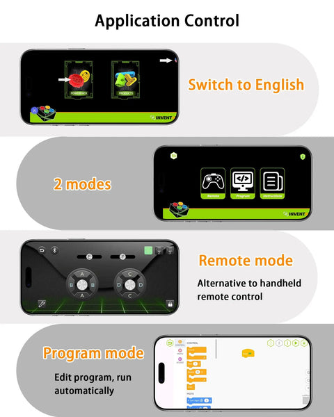 App control features for Power Functions RC Kit For Technic Builds, showing modes and programmable interface on smartphone screens.
