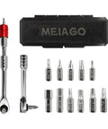 Bike Repair Kit 13 in 1 Mini Ratchet Wrench Set With 11 Bits, Reversible Ratchet Tool displayed with bits and case