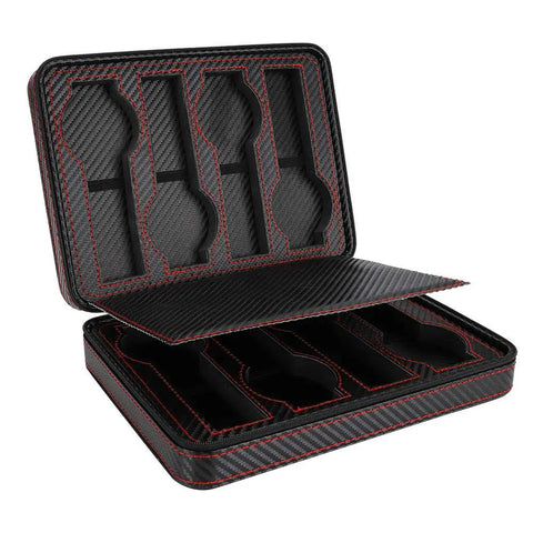 Premium Eight Grid Watch Display Tray With Genuine Leather Exterior And Heavy Duty Divider Plate For Smart Countertop Flex And Scratch Proof Setup To Keep Your Collection Locked In Style - Open view of organizer with four slots.
